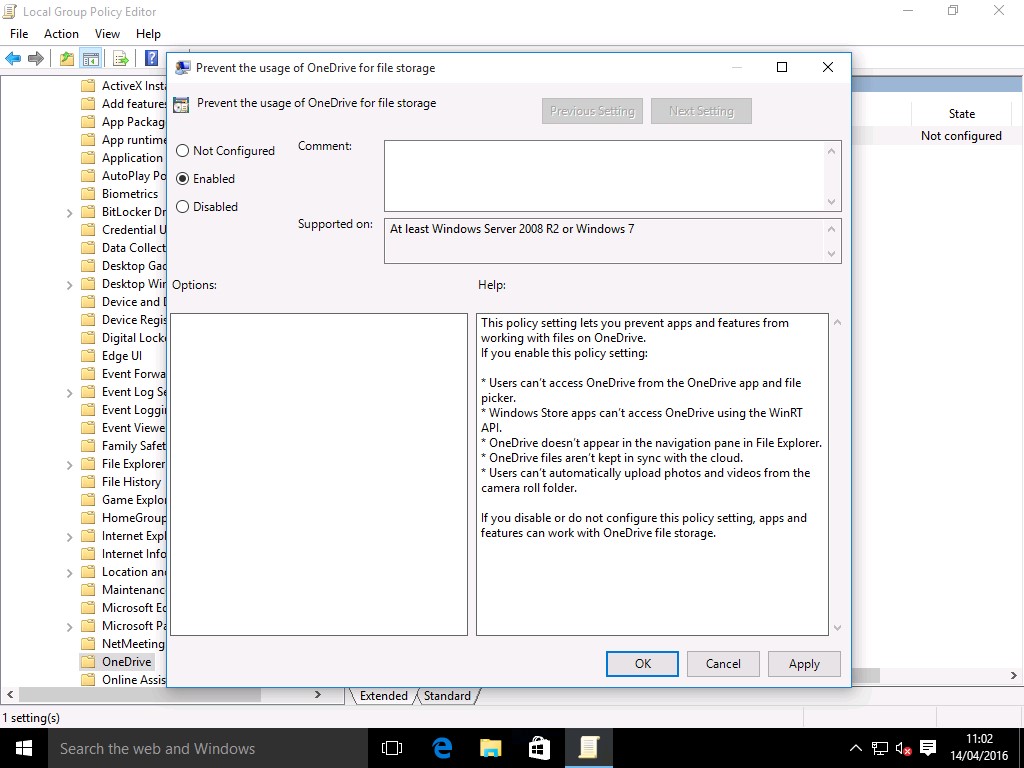 Prevent the usage of OneDrive for file storage Settings